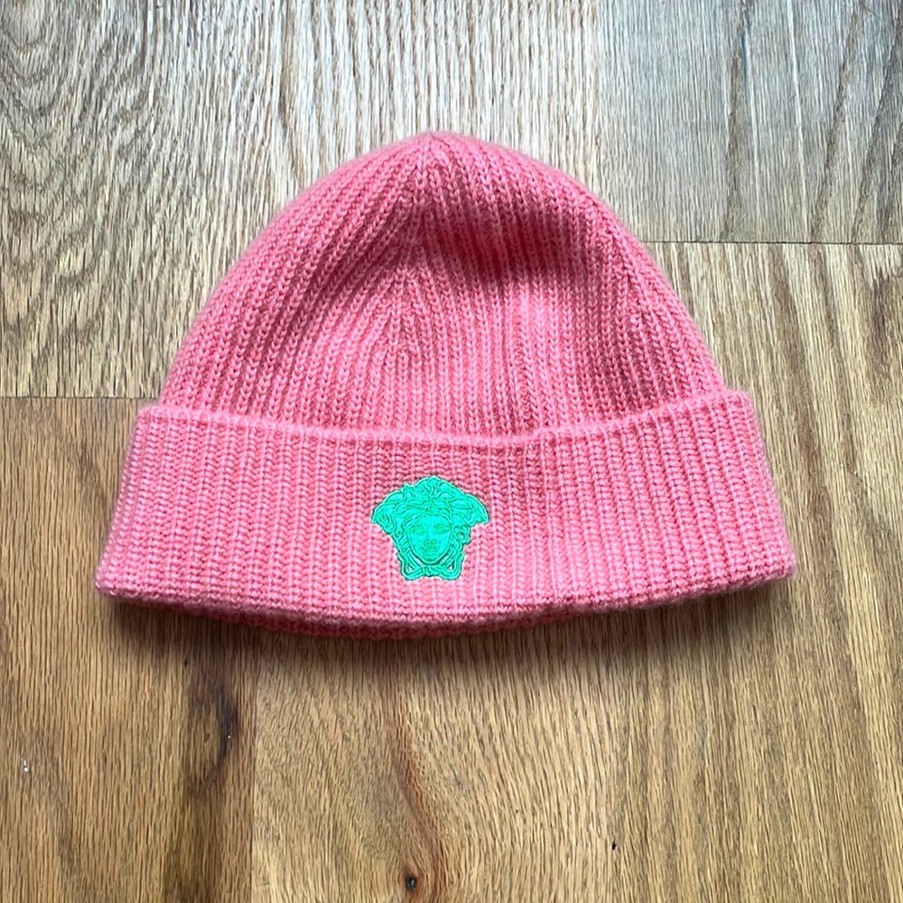 VERSACE knit hat pink with green logo